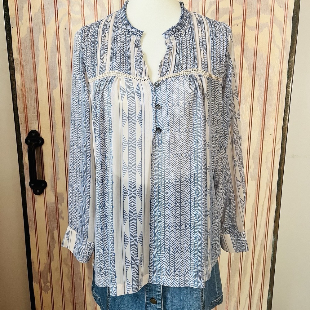 Dolman Blue Geometric Boho Festival Blouse Made USA Button Front Top Medium